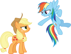 Size: 3934x3000 | Tagged: safe, artist:cloudy glow, derpibooru import, applejack, rainbow dash, earth pony, pegasus, g4, non-compete clause, .ai available, appleglare, applejack's hat, clothes, cowboy hat, duo, duo female, female, glare, hat, looking up, simple background, transparent background, vector