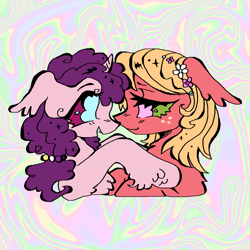 Size: 2048x2048 | Tagged: safe, artist:larvaecandy, derpibooru import, big macintosh, sugar belle, earth pony, pony, unicorn, abstract background, alternate eye color, alternate hairstyle, back fluff, big eyes, blue eyes, blushing, bust, chest fluff, colored, colored sclera, curly hair, curly mane, curved horn, duo, ear fluff, ears, eyelashes, facing each other, fangs, female, fetlock tuft, flat colors, floppy ears, floral head wreath, flower, freckles, green sclera, hair tie, high res, horn, lesbian, lidded eyes, looking at each other, looking at someone, magenta sclera, mare, multicolored background, no pupils, nonbinary, nonbinary pride flag, open mouth, open smile, orange mane, pink coat, pink eyes, ponytail, pride, pride flag, purple coat, purple sclera, raised hooves, red coat, shipping, short horn, smiling, smiling at each other, sparkly mane, sugarmac, t4t, thick eyelashes, tied mane, trans big macintosh, trans female, trans sugar belle, transgender, transgender pride flag, unicorn horn, unshorn fetlocks, wolf cut