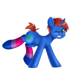 Size: 3000x3000 | Tagged: safe, artist:xcinnamon-twistx, derpibooru import, oc, oc:cyberpon3, unicorn, bisexual, bisexual pride flag, bisexuality, clothes, commission, cute, horn, open mouth, pride, pride flag, socks, thigh highs, ych result, your character here