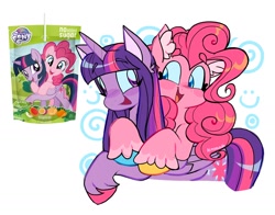 Size: 1724x1350 | Tagged: safe, artist:lemoocado, derpibooru import, pinkie pie, twilight sparkle, twilight sparkle (alicorn), alicorn, earth pony, pony, g4, duo, duo female, female, hug, juice, juice box, lesbian, shipping, simple background, twinkie, unshorn fetlocks