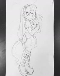 Size: 1440x1800 | Tagged: safe, artist:comicmaker, derpibooru import, twilight sparkle, human, g4, book, boots, clothes, female, headband, humanized, monochrome, raised hoof, raised leg, shoes, sketch, skirt, smiling, solo, starry eyes, traditional art, wingding eyes