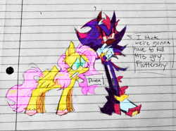 Size: 750x558 | Tagged: safe, artist:mechokky, derpibooru import, fluttershy, pegasus, g4, crossed arms, crossover, duo, female, i think we're gonna have to kill this guy, lined paper, male, mare, meme, shadow the hedgehog, sonic the hedgehog (series), speech bubble, traditional art