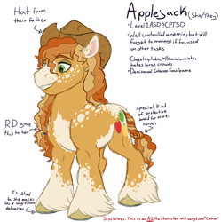 Size: 1990x2000 | Tagged: safe, artist:caffeinatedcarny, derpibooru import, applejack, earth pony, pony, g4, alternate cutie mark, alternate universe, applejack's hat, bags under eyes, braid, braided tail, cheek fluff, clothes, coat markings, colored ears, colored hooves, colored pinnae, cowboy hat, dappled, disabled, ear freckles, freckles, hat, headcanon, heterochromia, horseshoes, implied anemia, implied bright mac, implied rainbow dash, intersex, leg freckles, lgbt, lgbt headcanon, lgbtq, lidded eyes, muscles, nonbinary, redesign, shoulder freckles, simple background, socks (coat marking), solo, speckled, standing, tail, tall, transfeminine, transfemme, transgender, unshorn fetlocks, white background
