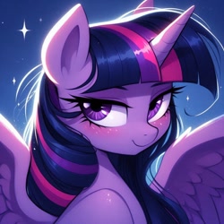 Size: 1024x1024 | Tagged: safe, ai content, derpibooru import, generator:dall-e 3, machine learning generated, twilight sparkle, twilight sparkle (alicorn), alicorn, g4, bedroom eyes, blushing, female, looking at you, mare, seductive look, smiling, smiling at you, solo, spread wings, wings