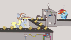 Size: 960x540 | Tagged: safe, artist:nedemai, derpibooru import, derpy hooves, rainbow dash, pegasus, pony, g4, animated, atg 2024, baseball cap, cap, conveyor belt, derpy being derpy, duo, duo female, ears, eating, eyebrows, eyebrows visible through hair, female, floppy ears, food, gif, gray background, hat, loop, mare, muffin, newbie artist training grounds, perfect loop, question mark, simple background, that pony sure does love muffins