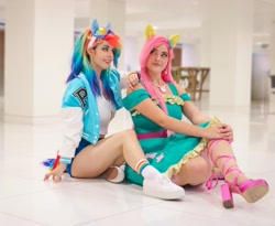 Size: 1080x885 | Tagged: safe, artist:alicenyannya, artist:gianaxrose, derpibooru import, fluttershy, rainbow dash, human, g4, clothes, cosplay, costume, duo, duo female, female, goggles, irl, irl human, multicolored hair, photo, rainbow hair