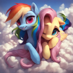Size: 2880x2880 | Tagged: safe, ai content, derpibooru import, editor:derp621, generator:pony diffusion v6 xl, generator:stable diffusion, machine learning generated, fluttershy, rainbow dash, pegasus, pony, g4, cloud, duo, duo female, female, long hair, looking at you, lying down, lying on a cloud, mare, on a cloud, one eye closed, prompt in description, prompter:derp621, prone, sky, smiling, smiling at you