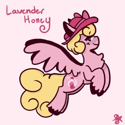 Size: 1400x1400 | Tagged: safe, artist:comicmaker, derpibooru import, oc, oc only, oc:lavender honey, pegasus, pony, female, flying, hat, mare, pegasus oc, simple background, smiling, solo, spread wings, tail, unshorn fetlocks, wings