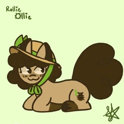 Size: 1400x1400 | Tagged: safe, artist:comicmaker, derpibooru import, oc, oc only, oc:rollie ollie, earth pony, pony, :3, earth pony oc, female, green background, hat, looking back, lying down, mare, prone, simple background, solo, tail