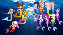 Size: 1192x670 | Tagged: safe, artist:fireluigi29, derpibooru import, applejack, fluttershy, pinkie pie, rainbow dash, rarity, sci-twi, starlight glimmer, sunset shimmer, twilight sparkle, twilight sparkle (alicorn), alicorn, mermaid, equestria girls, g4, crossover, female, fish tail, humane five, humane seven, humane six, mermaid peach, mermaid princess, mermaid tail, mermaidized, mermarity, mermay, my little pony equestria girls, ocean, princess daisy, princess peach, princess rosalina, rosalina, species swap, super mario bros., swimming, tail, toadette, twolight, underwater, water