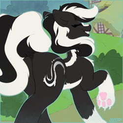 Size: 4000x4000 | Tagged: safe, artist:avery-valentine, derpibooru import, oc, oc only, oc:zenawa skunkpony, earth pony, hybrid, skunk, skunk pony, butt, claws, dirt road, dock, earth pony oc, eyes closed, facing away, fangs, featureless crotch, female, happy, hybrid oc, mare, outdoors, paw pads, paws, plot, raised leg, raised tail, rule 63, smiling, solo, strut, strutting, tail, toothy grin, underpaw, walking