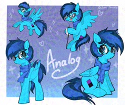 Size: 2048x1726 | Tagged: safe, artist:petaltwinkle, derpibooru import, oc, oc only, oc:analog, pegasus, pony, adversarial noise, big glasses, blue coat, blue scarf, blue tail, clothes, colored, commission, cyan coat, floating heart, flying, folded wings, food, frown, glasses, glazed, gradient background, heart, lidded eyes, long tail, looking at something, looking at you, looking up, male, marshmallow, passepartout, pegasus oc, profile, round glasses, scarf, shiny eyes, short mane, signature, sitting, solo, sparkles, spread wings, stick, straight face, tail, teal eyes, text, tongue, tongue out, two toned mane, two toned tail, white text, wingding eyes, wings