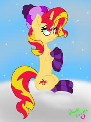 Size: 540x720 | Tagged: safe, artist:doodle-hooves, derpibooru import, sunset shimmer, unicorn, clothes, hat, heart, horn, looking up, purple socks, signature, sitting, snow, snowfall, socks, solo, striped socks, winter hat