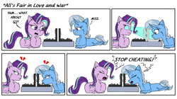Size: 2760x1544 | Tagged: safe, artist:chopsticks, derpibooru import, starlight glimmer, trixie, unicorn, g4, angry, battleship, board game, butt fluff, cheating, cheek fluff, chest fluff, chibi, comic, crossed legs, cute, dialogue, diatrixes, doodle, duo, duo female, emanata, eyes closed, female, fluffy, glimmerbetes, glowing, glowing eyes, horn, lying down, magic, open mouth, ponyloaf, prone, simple background, stray strand, text, unshorn fetlocks, x-ray vision, yelling