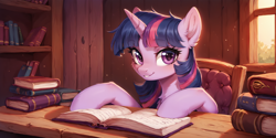 Size: 2400x1200 | Tagged: safe, ai content, derpibooru import, machine learning generated, twilight sparkle, pony, unicorn, book, bookshelf, bust, chair, horn, house, portrait, prompter:greesys, solo, table, the quality of ai art is frightening, window