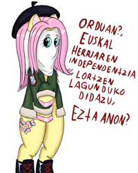 Size: 2000x2500 | Tagged: safe, artist:mano_m, derpibooru import, fluttershy, pegasus, pony, g4, basque language, beret, bipedal, boots, clothes, colored hooves, dark comedy, dialogue, euskadi ta askatasuna, hat, implied anon, jacket, mask, shoes, simple background, solo, spain, talking to viewer, terrorist, text, white background, wingless