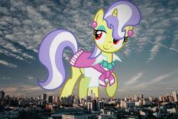 Size: 1920x1280 | Tagged: safe, artist:starryshineviolet, derpibooru import, edit, editor:jaredking779, upper crust, pony, unicorn, g4, attack on pony, bedroom eyes, brazil, clothes, curitiba, ear piercing, earring, female, giant pony, giantess, highrise ponies, horn, irl, jewelry, macro, mare, necklace, photo, piercing, ponies in real life, red eyes, skunk stripe, smiling, solo, story included
