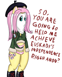 Size: 2000x2500 | Tagged: safe, alternate version, artist:mano_m, derpibooru import, fluttershy, pegasus, pony, g4, beret, bipedal, boots, clothes, colored hooves, dark comedy, dialogue, euskadi ta askatasuna, hat, implied anon, jacket, mask, shoes, simple background, solo, spain, talking to viewer, terrorist, white background, wingless