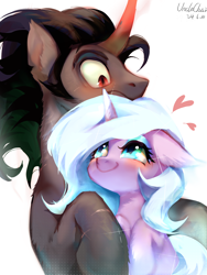 Size: 1080x1440 | Tagged: safe, artist:unclechai, derpibooru import, idw, king sombra, radiant hope, crystal pony, pony, unicorn, black mane, blue eyes, blue mane, blushing, duo, duo male and female, eyeshadow, female, horn, looking at each other, looking at someone, makeup, male, red eyes, scar, ship:hopebra, shipping, simple background, straight, white background