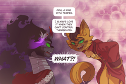 Size: 2507x1686 | Tagged: safe, artist:alex6886, derpibooru import, capper dapperpaws, king sombra, abyssinian, anthro, cat, pony, unicorn, g4, my little pony: the movie, armor, blushing, cape, clothes, crack shipping, dialogue, digital art, duo, duo male, feline, gay, horn, male, ship:sombrapaws, shipping, sombra eyes, speech bubble, stallion, teasing