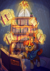 Size: 1763x2507 | Tagged: safe, artist:alex6886, derpibooru import, sunburst, pony, unicorn, g4, book, bookshelf, cape, clothes, detailed background, digital art, glasses, horn, magic, male, potted plant, solo, stallion, telekinesis, window