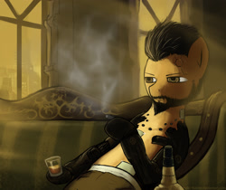 Size: 2298x1934 | Tagged: safe, artist:makc-hunter, derpibooru import, cyborg, pony, adam jensen, alcohol, amputee, beard, clothes, crossover, cybernetic legs, deus ex, deus ex: human revolution, drink, facial hair, glass, hoof hold, i never asked for this, mechanical hands, ponified, prosthetic eye, prosthetics, sitting, smoke, smoking, sofa, solo, species swap, video game, window