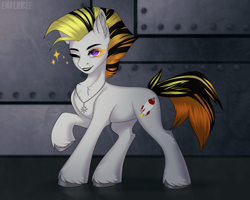 Size: 3000x2400 | Tagged: safe, artist:enderbee, derpibooru import, oc, oc only, oc:zariyah backfire, earth pony, pony, blurry background, female, jewelry, lipstick, mare, metal, scar, smiling, solo