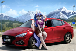 Size: 3500x2365 | Tagged: safe, artist:lightly-san, derpibooru import, oc, oc only, oc:graceful motion, anthro, pegasus, unguligrade anthro, bedroom eyes, belly button, breasts, car, cleavage, clothes, commission, czech, female, hyundai, hyundai i30, leaning, leaning back, looking at you, mountain, pegasus oc, scenery, short shirt, smiling, solo, wings