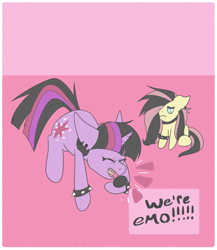 Size: 2601x2998 | Tagged: safe, artist:tkshoelace, derpibooru import, fluttershy, twilight sparkle, unicorn twilight, pegasus, pony, unicorn, g4, collar, duo, duo female, ear piercing, ears, emo, female, floppy ears, horn, meme, microphone, piercing, screaming, spiked wristband, text, we're emo, wristband