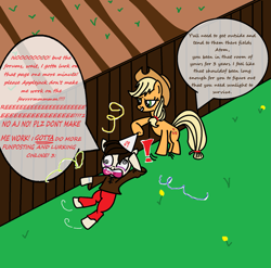 Size: 1791x1769 | Tagged: safe, artist:atomgatherer, derpibooru exclusive, derpibooru import, applejack, oc, oc:atom gatherer, earth pony, pony, applejack's hat, big no, brown hoodie, chronically online, clothes, comic, cowboy hat, cutie mark, dandelion, exclamation point, farm, fence, field, freckles, funposting, grass, hat, irrigation, no, no tail, op finally touched grass, pants, pathetic, red pants, reeee, single panel, tallulah, tallulah (hat), tattoo, text, weeds