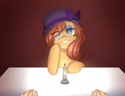 Size: 2048x1567 | Tagged: safe, artist:mariam00nlight, derpibooru import, oc, oc:amber gleam, human, pegasus, pony, bow, candle, elements of justice, gradient background, hat, offscreen character, pov, table, tan coat