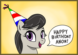 Size: 2668x1884 | Tagged: safe, derpibooru import, octavia melody, earth pony, pony, g4, birthday, cute, drawthread, female, happy birthday, hat, implied anon, looking at you, mare, party hat, raised eyebrows, solo, talking to viewer