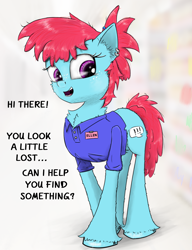 Size: 1350x1756 | Tagged: safe, artist:chopsticks, derpibooru import, oc, oc only, oc:ellen, earth pony, pony, g4, adorkable twilight and friends fanart, cashier, cheek fluff, chest fluff, clothes, cute, dialogue, ear fluff, ear piercing, earring, ears, female, freckles, jewelry, looking at you, mare, name tag, open mouth, piercing, ponytail, shirt, solo, unshorn fetlocks