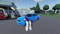 Size: 1858x1057 | Tagged: safe, derpibooru import, rarity, pony, unicorn, g4, car, dodge charger, female, game screencap, gas station, horn, house, roblox, solo, tree, twisted (game), vehicle