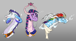 Size: 2048x1115 | Tagged: safe, artist:chub-wub, derpibooru import, rainbow dash, rarity, twilight sparkle, dragon, blue eyes, blue scales, cape, clothes, colored eyebrows, colored horns, curved horns, dragonified, female, fins, gem, glasses, glasses chain, goggles, gradient background, gradient eyes, grin, horns, jewelry, lidded eyes, lightning, looking back, mohawk, multicolored hair, narrowed eyes, open mouth, open smile, peytral, pink eyes, profile, purple eyes, purple hair, purple scales, rainbow dragon, rainbow hair, raridragon, round glasses, scales, scarf, sideburns, slit eyes, smiling, sparkles, species swap, splotches, three toned hair, tri-color hair, tri-colored hair, tricolor hair, tricolored hair, trio, trio female, twilidragon, underbelly, white scales