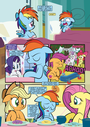 Size: 1920x2715 | Tagged: safe, artist:alexdti, derpibooru import, apple bloom, applejack, fluttershy, rainbow dash, rarity, scootaloo, sweetie belle, earth pony, pegasus, pony, unicorn, comic:how we met, comic, cutie mark crusaders, dialogue, female, filly, filly rainbow dash, foal, horn, scooter, self paradox, self ponidox, sneezing, younger