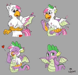 Size: 1280x1243 | Tagged: safe, artist:foxxy-arts, artist:hornbuckle, derpibooru import, spike, oc, oc:foxxy hooves, dragon, hippogriff, g4, age regression, blushing, character to character, eye color change, eyes closed, feather, female to male, floating heart, gray background, heart, hippogriff oc, hippogriff to dragon, open mouth, open smile, simple background, smiling, solo, transformation, transformation sequence, transgender transformation, winged spike, wings, younger
