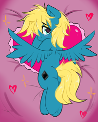 Size: 2091x2600 | Tagged: safe, artist:kristina, derpibooru import, oc, pegasus, pony, commission, cute, heart, heart pillow, pillow, sexy, shy, ych result