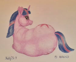 Size: 2726x2215 | Tagged: safe, artist:soobel, derpibooru import, twilight sparkle, unicorn twilight, unicorn, atg 2024, fat, newbie artist training grounds, obese, traditional art, twilard sparkle