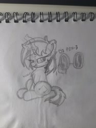 Size: 3000x4000 | Tagged: safe, artist:kenzie, derpibooru exclusive, derpibooru import, dj pon-3, vinyl scratch, pony, unicorn, black and white, ear piercing, female, glasses, grayscale, horn, looking at you, magic, magic aura, mare, monochrome, pencil drawing, piercing, sitting, solo, sunglasses, telekinesis, traditional art, vinyl's glasses