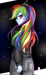 Size: 1269x2048 | Tagged: safe, artist:pulse, derpibooru import, rainbow dash, human, equestria girls, g4, abstract background, anatomically incorrect, butt, clothes, cute, dashabetes, denim, ear piercing, female, jeans, looking at you, looking back, looking back at you, pants, piercing, rainbutt dash, rear view, smiling, solo, sweater, turtleneck