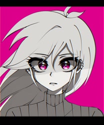 Size: 1653x1978 | Tagged: safe, artist:pulse, derpibooru import, rainbow dash, human, equestria girls, g4, clothes, ear piercing, female, letterboxing, looking at you, partial color, piercing, pink background, simple background, solo, sweater, turtleneck