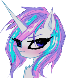 Size: 416x491 | Tagged: safe, artist:great-5, derpibooru import, oc, oc only, oc:stargazer, angel, angel pony, original species, unicorn, blushing, female, horn, lightmare, mare, simple background, smug, solo, transparent background