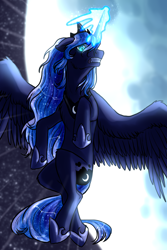 Size: 1000x1500 | Tagged: safe, artist:not-ordinary-pony, derpibooru exclusive, derpibooru import, princess luna, alicorn, angry, female, glowing, glowing eyes, glowing horn, horn, mare, moon, solo, spread wings, wings