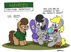 Size: 2500x1821 | Tagged: safe, artist:bobthedalek, derpibooru import, oc, oc only, oc:mixed melody, oc:octavia's father, oc:octavia's mother, oc:ostinato melody, earth pony, pony, atg 2024, chair, cup, department store, female, harrods, harrods department store, husband and wife, male, mare, mare oc, married couple, newbie artist training grounds, price tag, shopping, stallion, stallion oc, stool, table, teacup, teapot, unamused