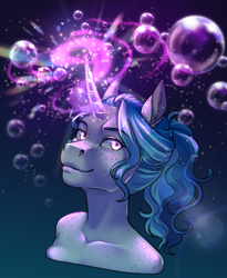 Size: 1804x2204 | Tagged: safe, artist:askbubblelee, derpibooru import, oc, oc only, oc:bubble lee, anthro, unicorn, alternate universe, anthro oc, bubble, digital art, female, freckles, glowing, glowing horn, horn, magic, mare, smiling, solo, unicorn oc, willowverse