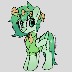 Size: 4096x4096 | Tagged: safe, artist:metaruscarlet, derpibooru import, oc, oc only, oc:metaru scarlet, pegasus, pony, clothes, color change, cutie mark, flower, flower in hair, folded wings, gray background, pegasus oc, simple background, solo, wings
