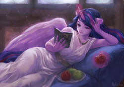 Size: 3804x2665 | Tagged: safe, artist:hirichie, derpibooru import, twilight sparkle, twilight sparkle (alicorn), alicorn, anthro, g4, apple, book, clothes, female, fine art emulation, food, fruit, horn, levitation, light, looking at something, lying down, magic, mare, on side, reading, reclining, solo, telekinesis, toga, wings