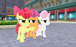 Size: 1920x1200 | Tagged: safe, artist:puzzlshield2, derpibooru import, apple bloom, scootaloo, sweetie belle, pony, flight to the finish, g4, season 4, 2d to 3d, 3d, 3d render, bow, confident, cutie mark crusaders, female, filly, foal, hoofbump, mmd, recreation, render