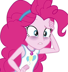 Size: 2373x2520 | Tagged: safe, derpibooru import, edit, edited screencap, editor:homersimpson1983, screencap, pinkie pie, equestria girls, g4, arms, background removed, bags under eyes, bust, clothes, female, fingers, frown, geode of sugar bombs, groggy, hand, hand on head, long hair, magical geodes, not a vector, open frown, open mouth, sitting, skirt, sleeveless, solo, tanktop, teenager, teeth, tired